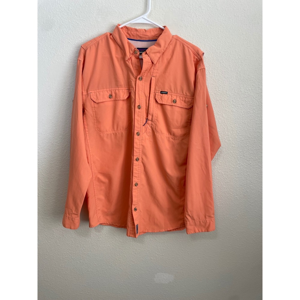 Patagonia Button Down Shirt Mens Medium Orange Good Vented Ripstop Fishing LS
